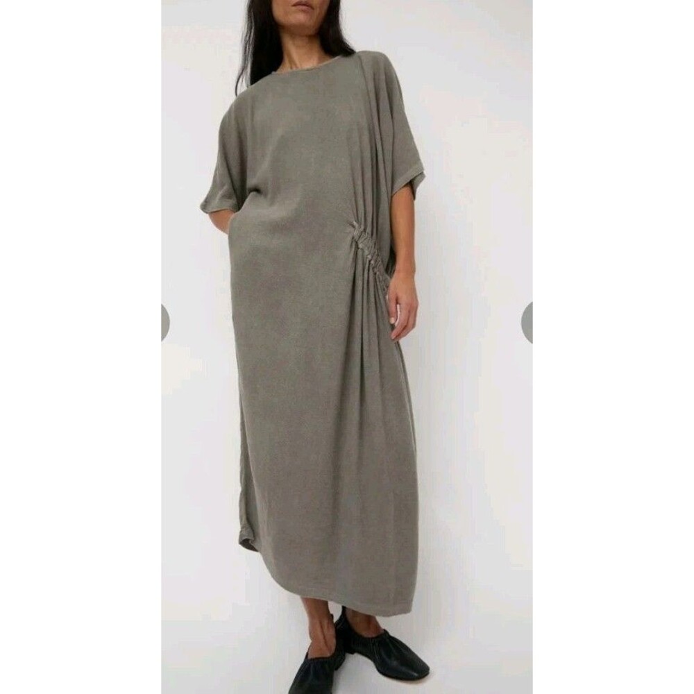 Black Crane Womans M Dress Stone Gray Oversized Lagenlook Greek Pocket Cinched